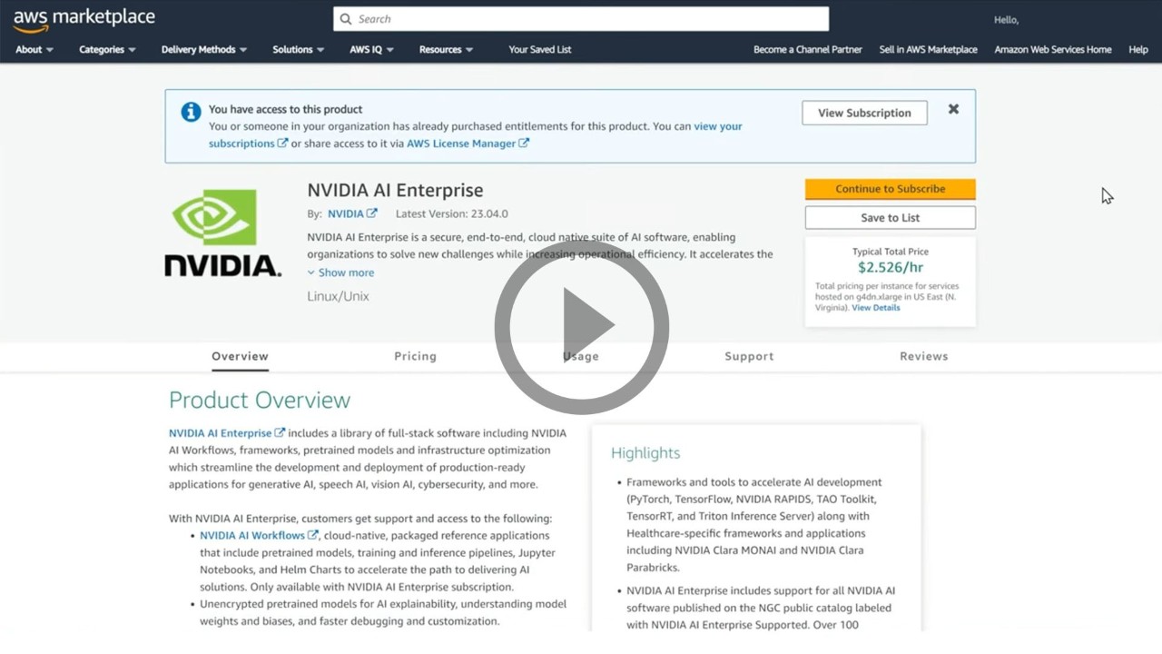 开始使用 AWS Marketplace 上的 NVIDIA AI Enterprise