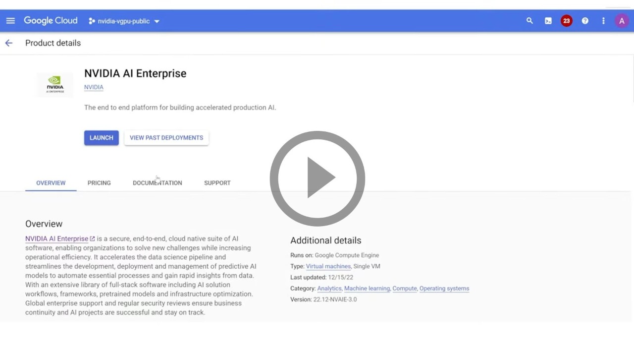 Google Cloud Marketplace 上的 NVIDIA AI Enterprise 用户界面图像